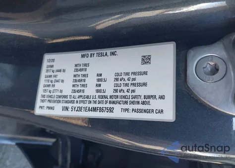 2021 Tesla Model 3 Standard Range Plus Rear-Wheel Drive из США, поврежденный, VIN 5YJ3E1EA4MF867592